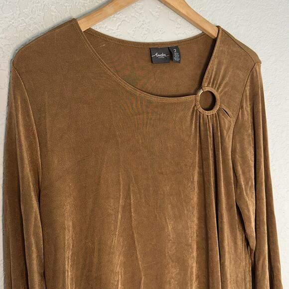 Chico’s Caramel Brown Travelers Gold Ring Asymmetrical Top Stretch Tunic Fall - Picture 5 of 7